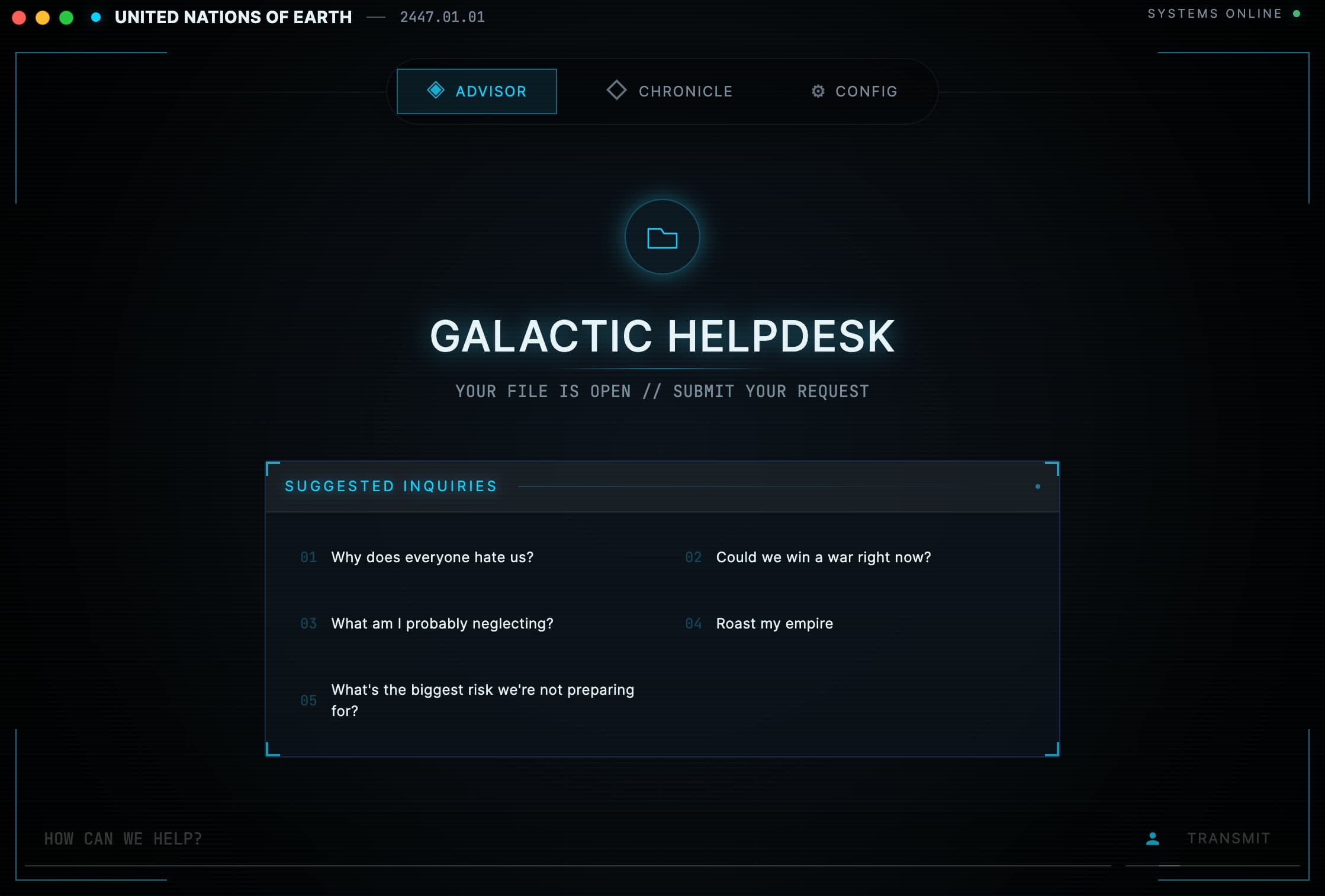 Stellaris Companion app showing the Galactic Helpdesk advisor interface