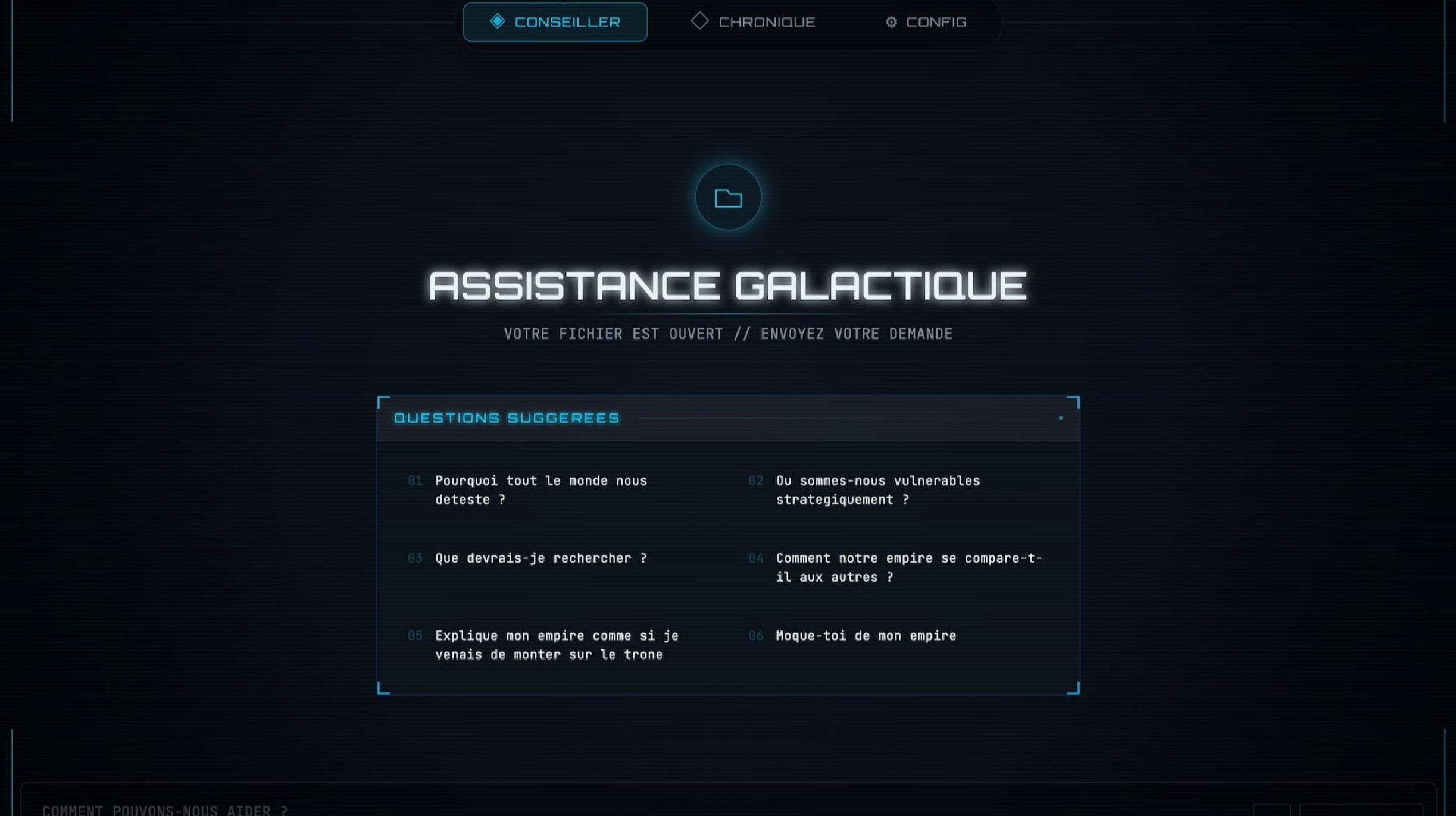 Stellaris Companion en français affichant l'interface Assistance galactique