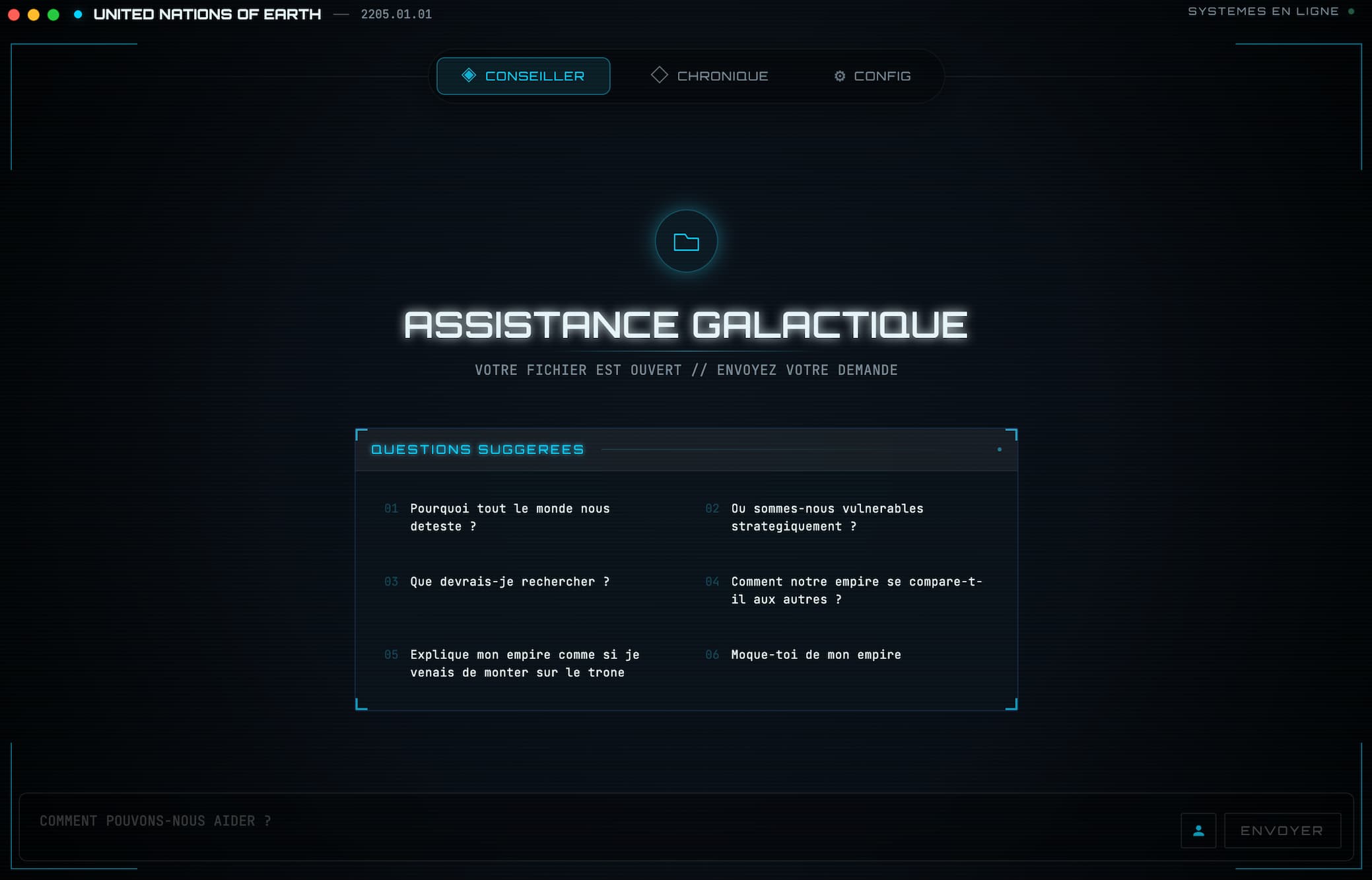 Stellaris Companion en français affichant l'interface Assistance galactique